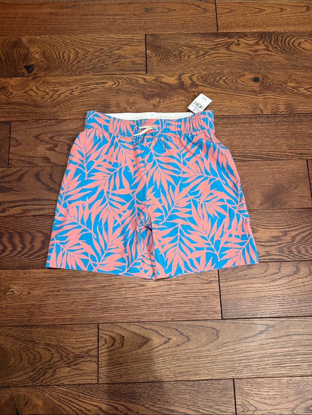 Boys Abercrombie Kids Swim Trunks Tropical Print Swim Shorts in Coral & Blue